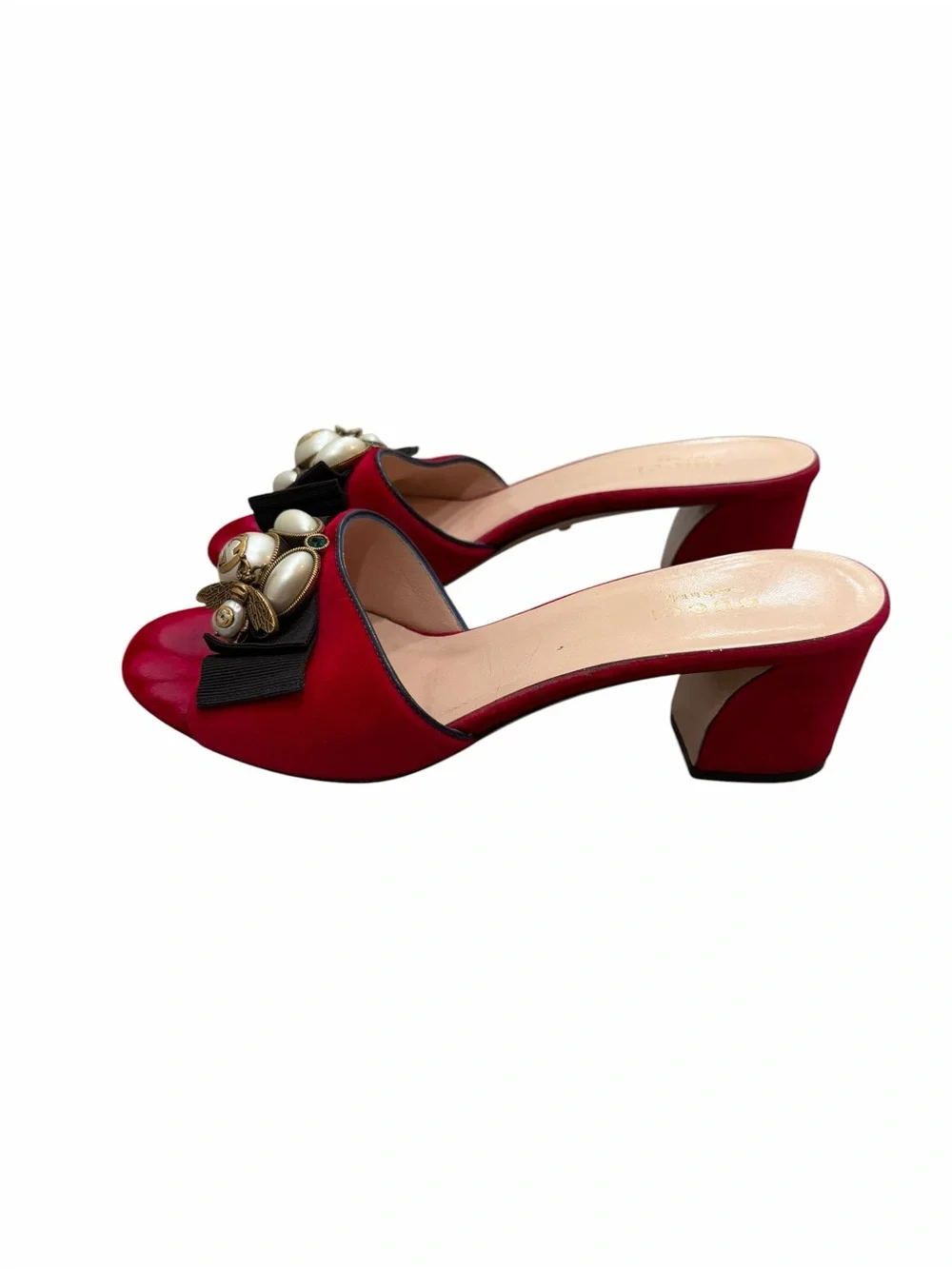Gucci Red Velvet Bee Pearl Crystal Slide Sandals Heels